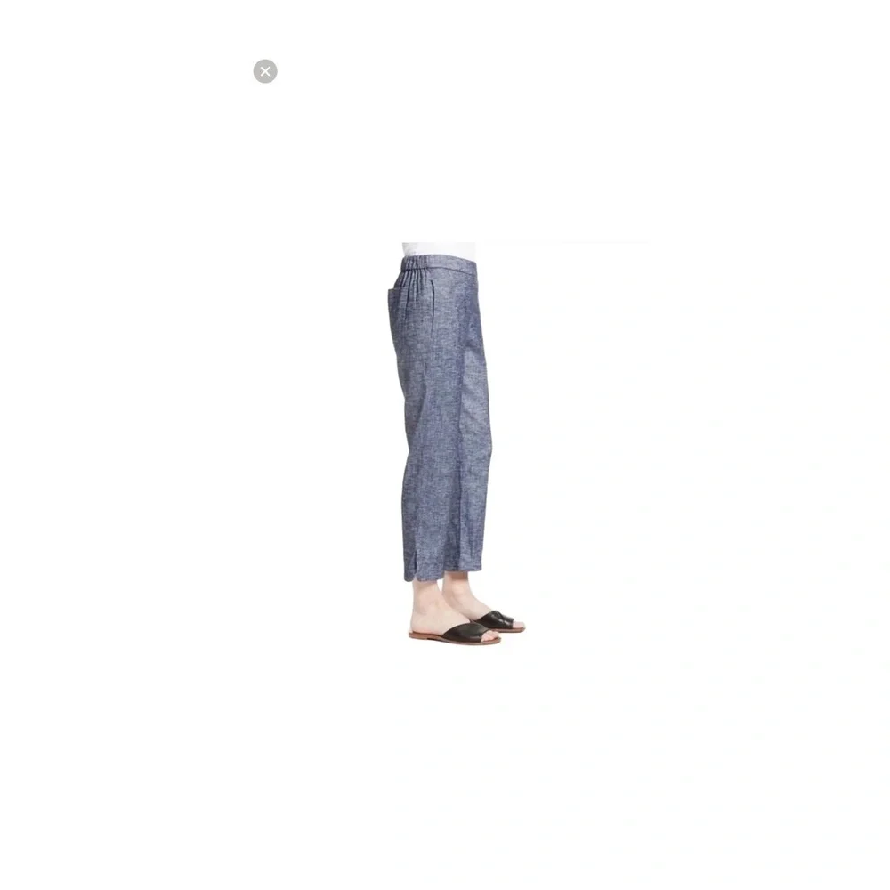 Theory Blue Textured Elastic Waist Cropped Linen Pants Size 10